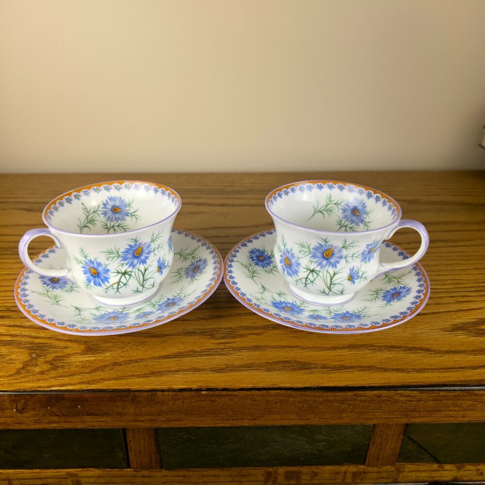 Aynsley England Teacups & Saucers Pair | Blue Floral Bone China | Vintage